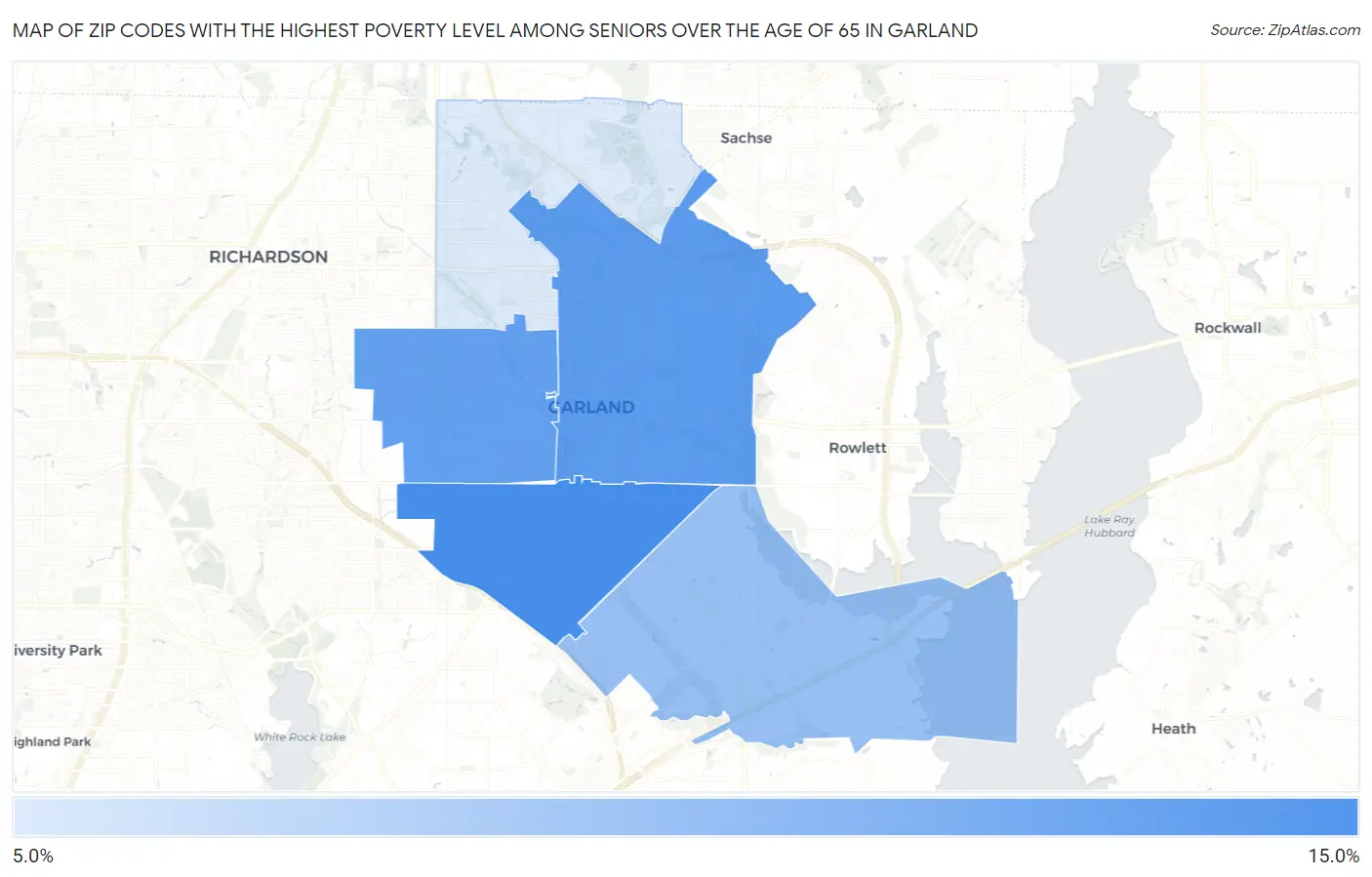 Zip Codes with the Highest Poverty Level Among Seniors Over the Age of 65 in Garland Map