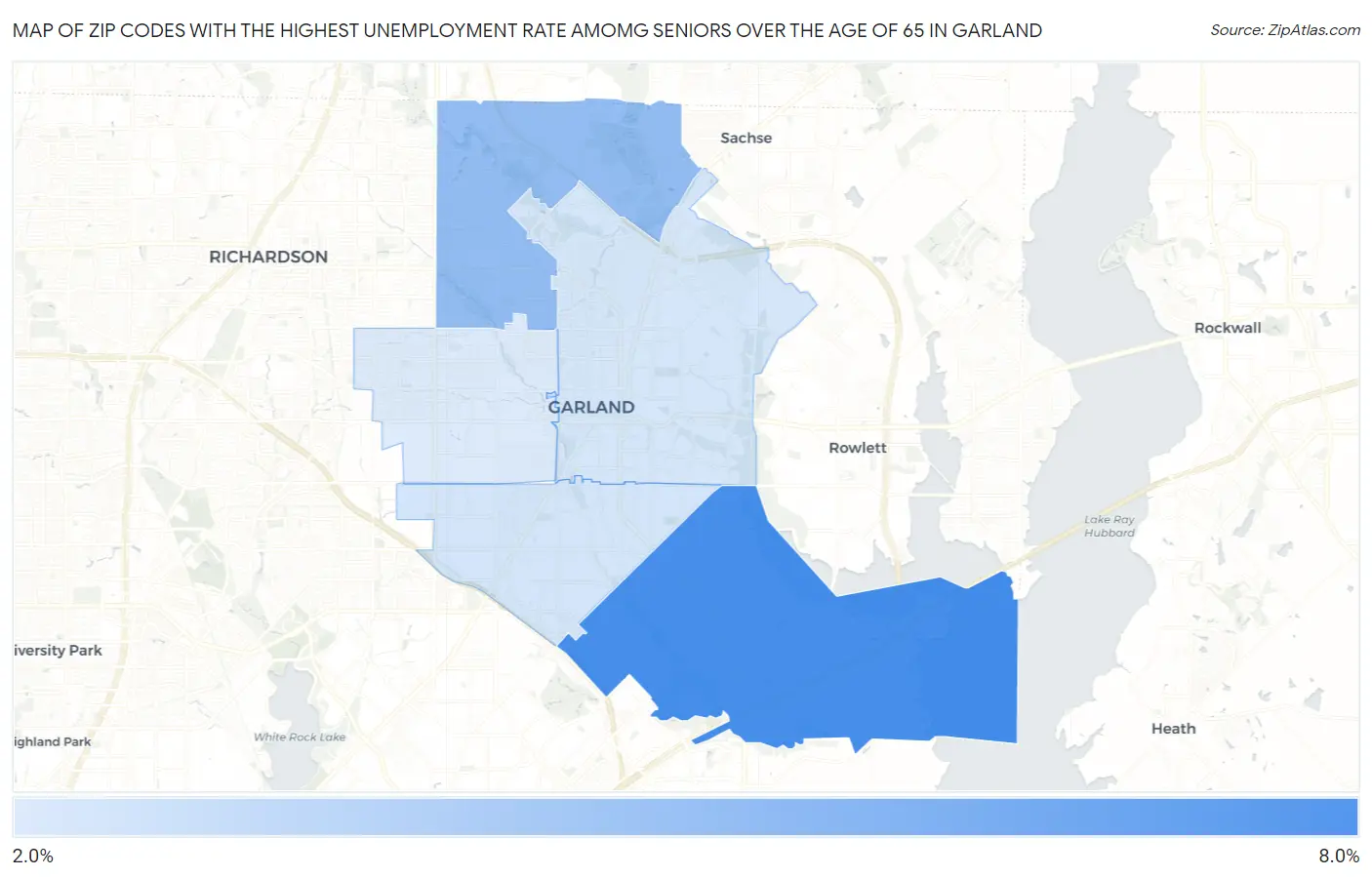 Zip Codes with the Highest Unemployment Rate Amomg Seniors Over the Age of 65 in Garland Map