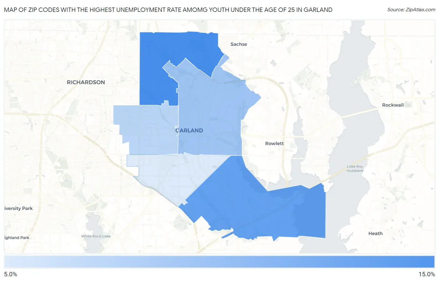 Zip Codes with the Highest Unemployment Rate Amomg Youth Under the Age of 25 in Garland Map