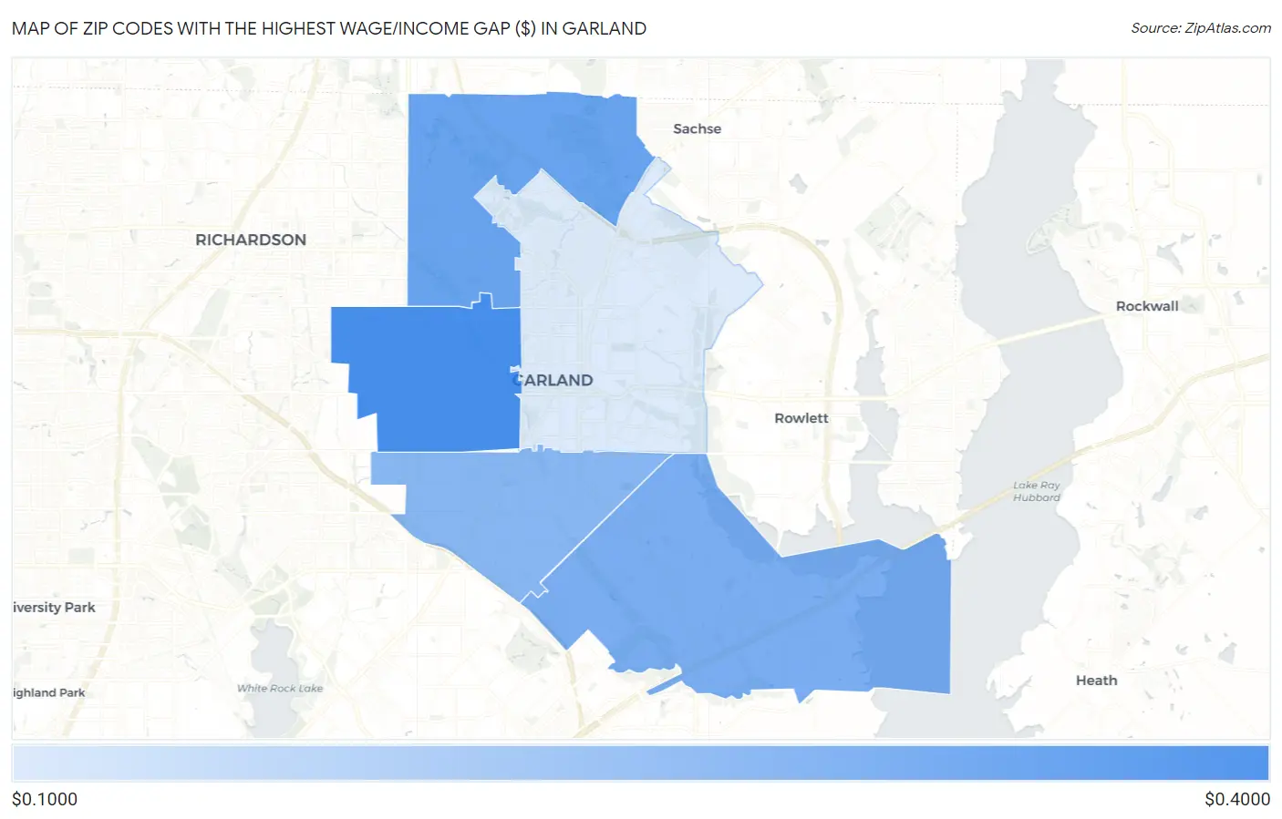 Zip Codes with the Highest Wage/Income Gap ($) in Garland Map