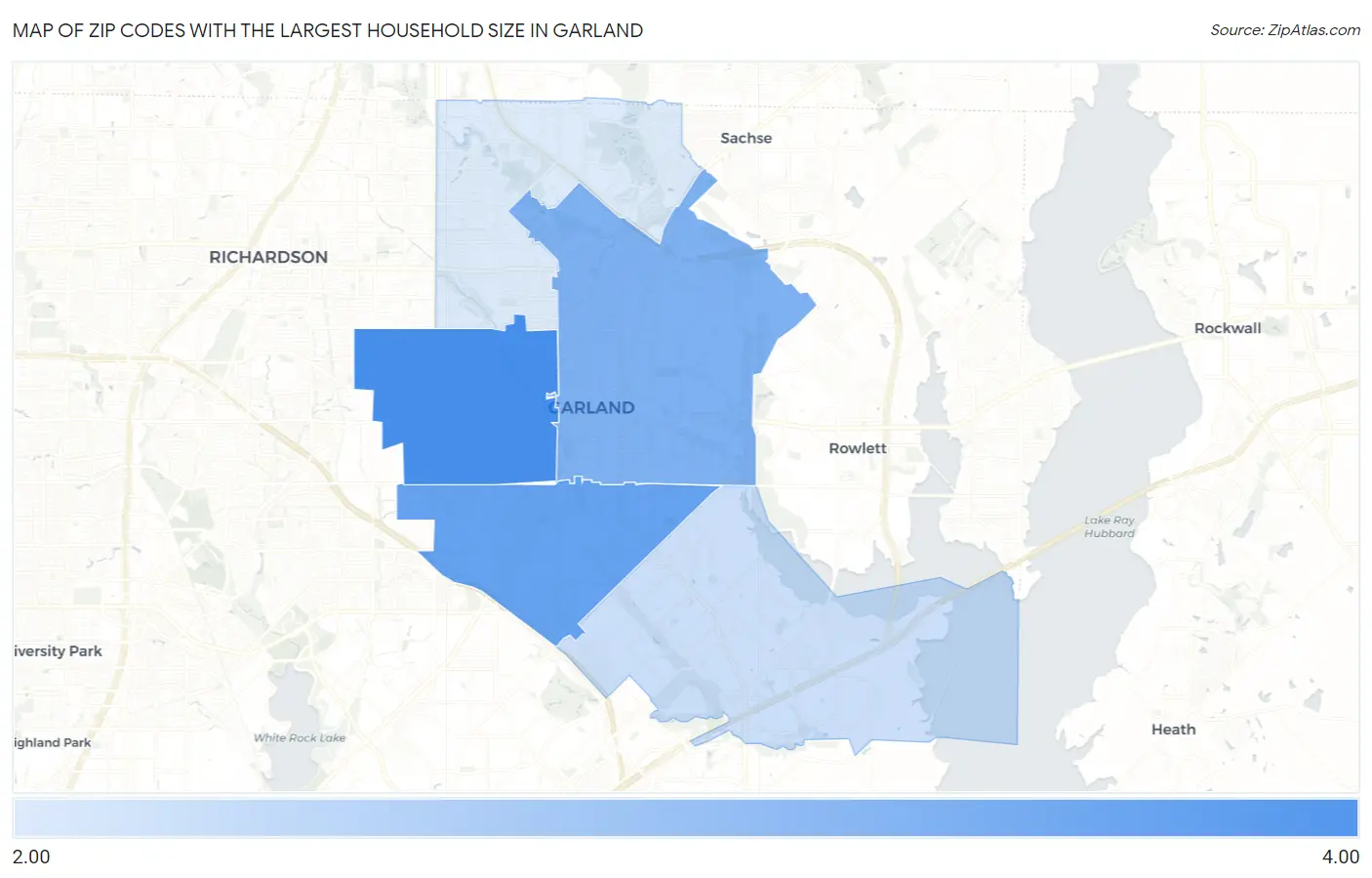 Zip Codes with the Largest Household Size in Garland Map