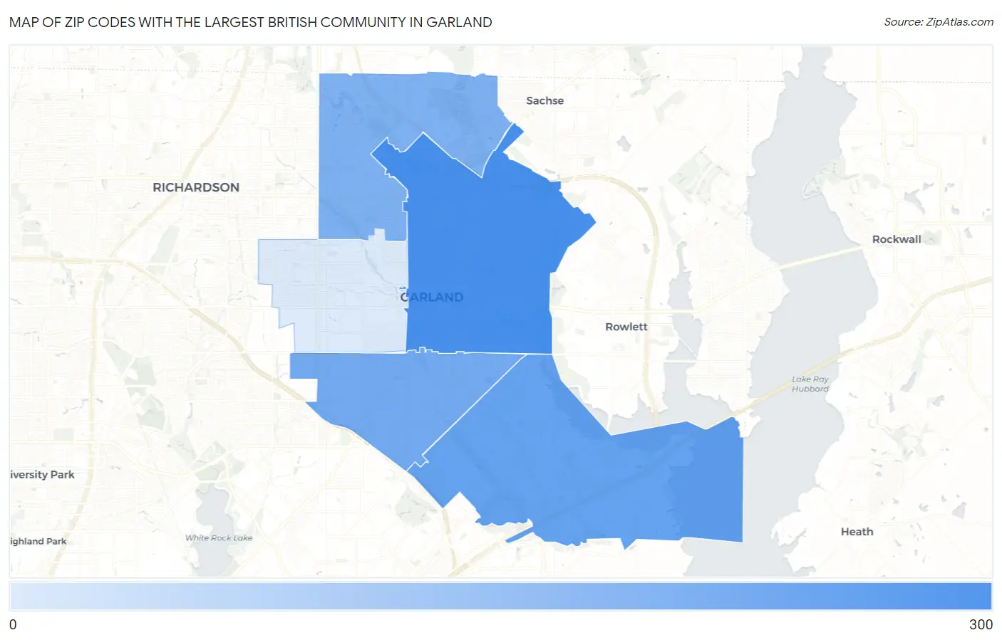 Zip Codes with the Largest British Community in Garland Map