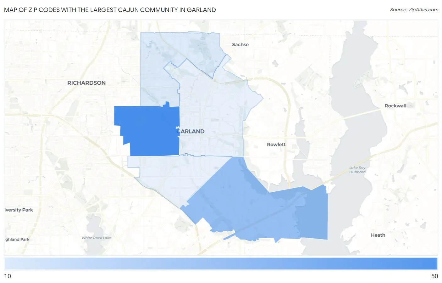 Zip Codes with the Largest Cajun Community in Garland Map
