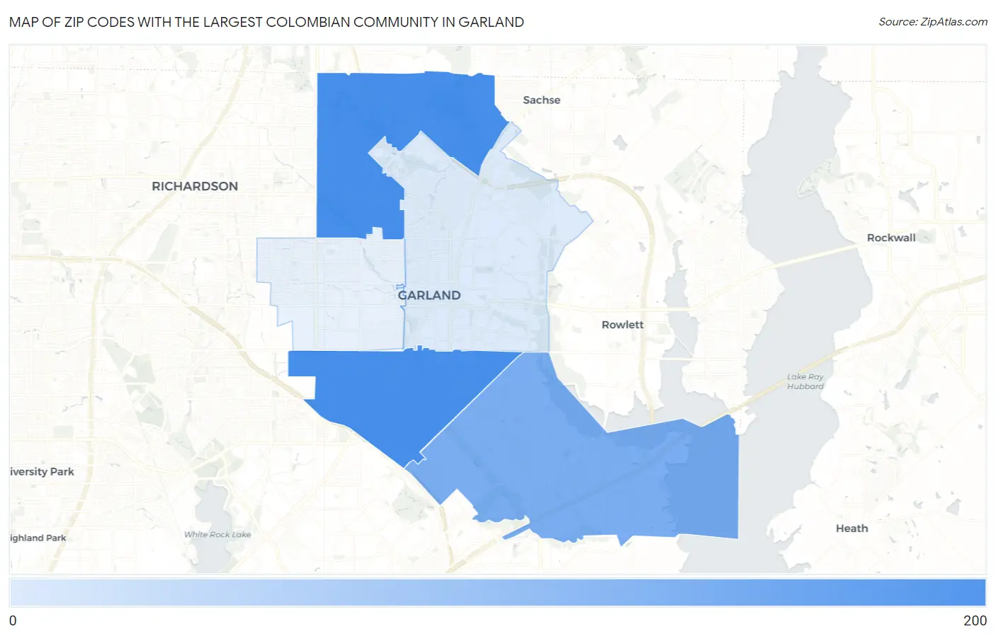 Zip Codes with the Largest Colombian Community in Garland Map