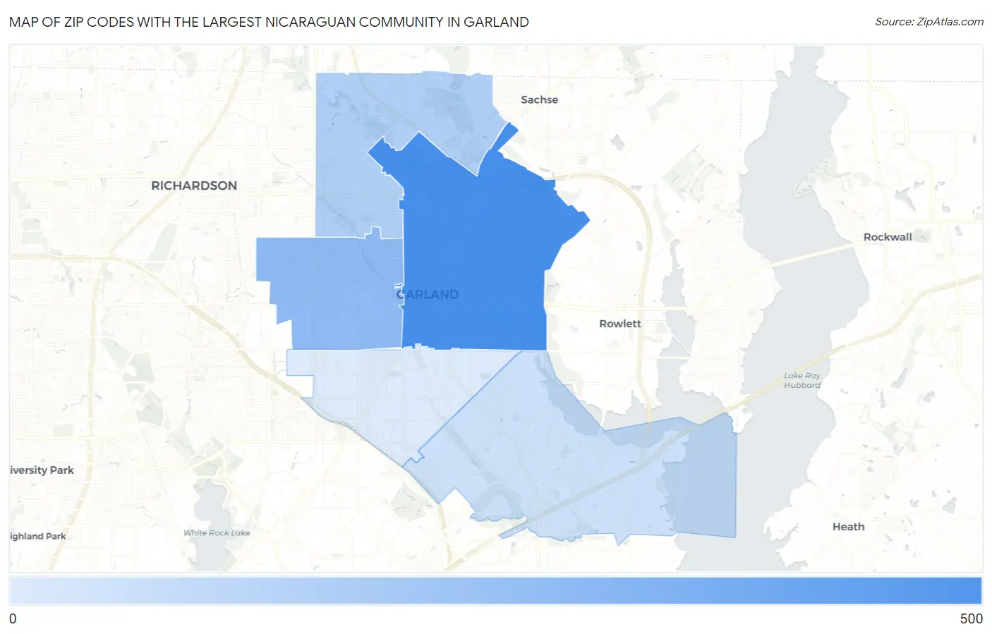 Zip Codes with the Largest Nicaraguan Community in Garland Map