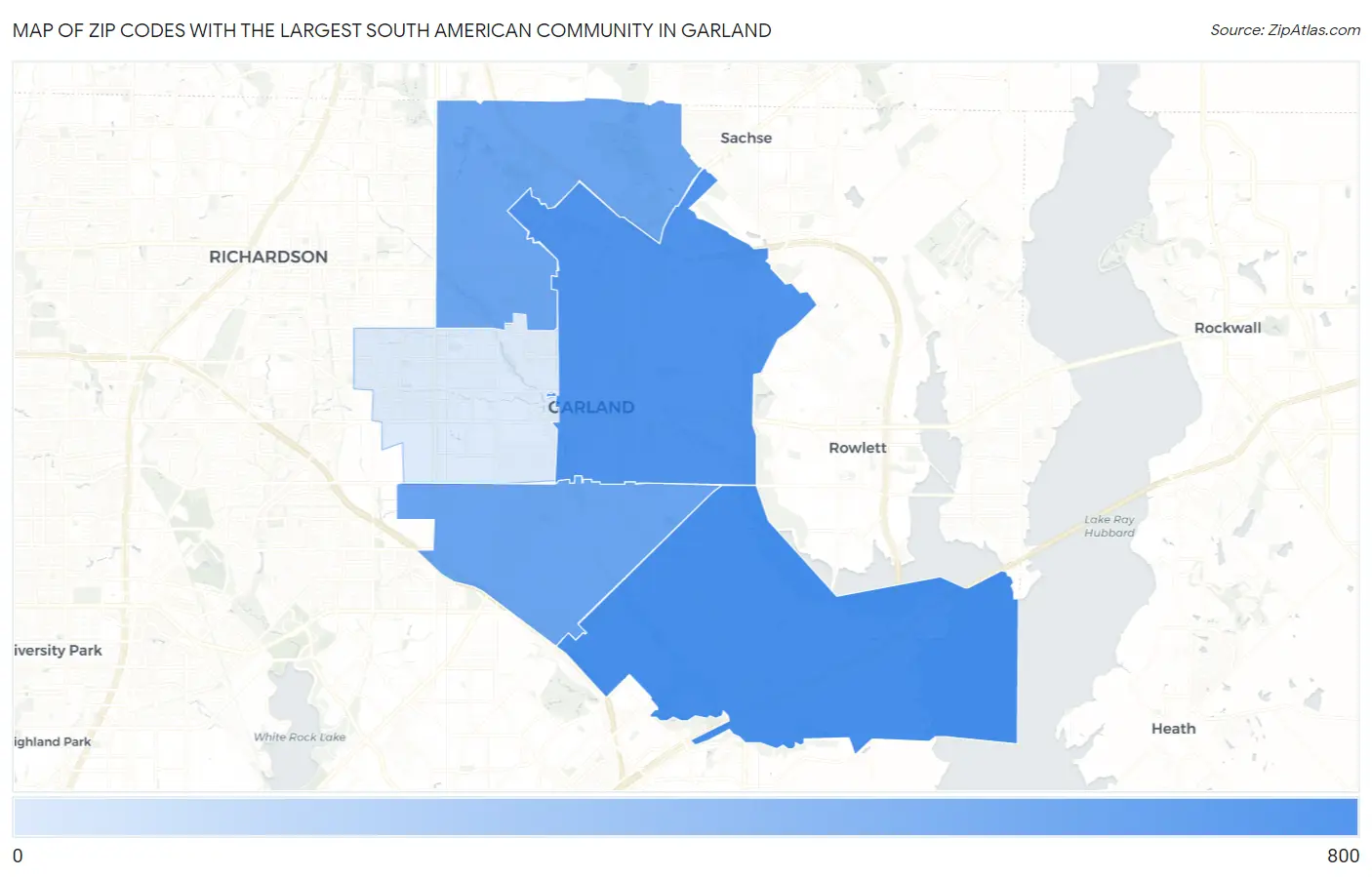 Zip Codes with the Largest South American Community in Garland Map