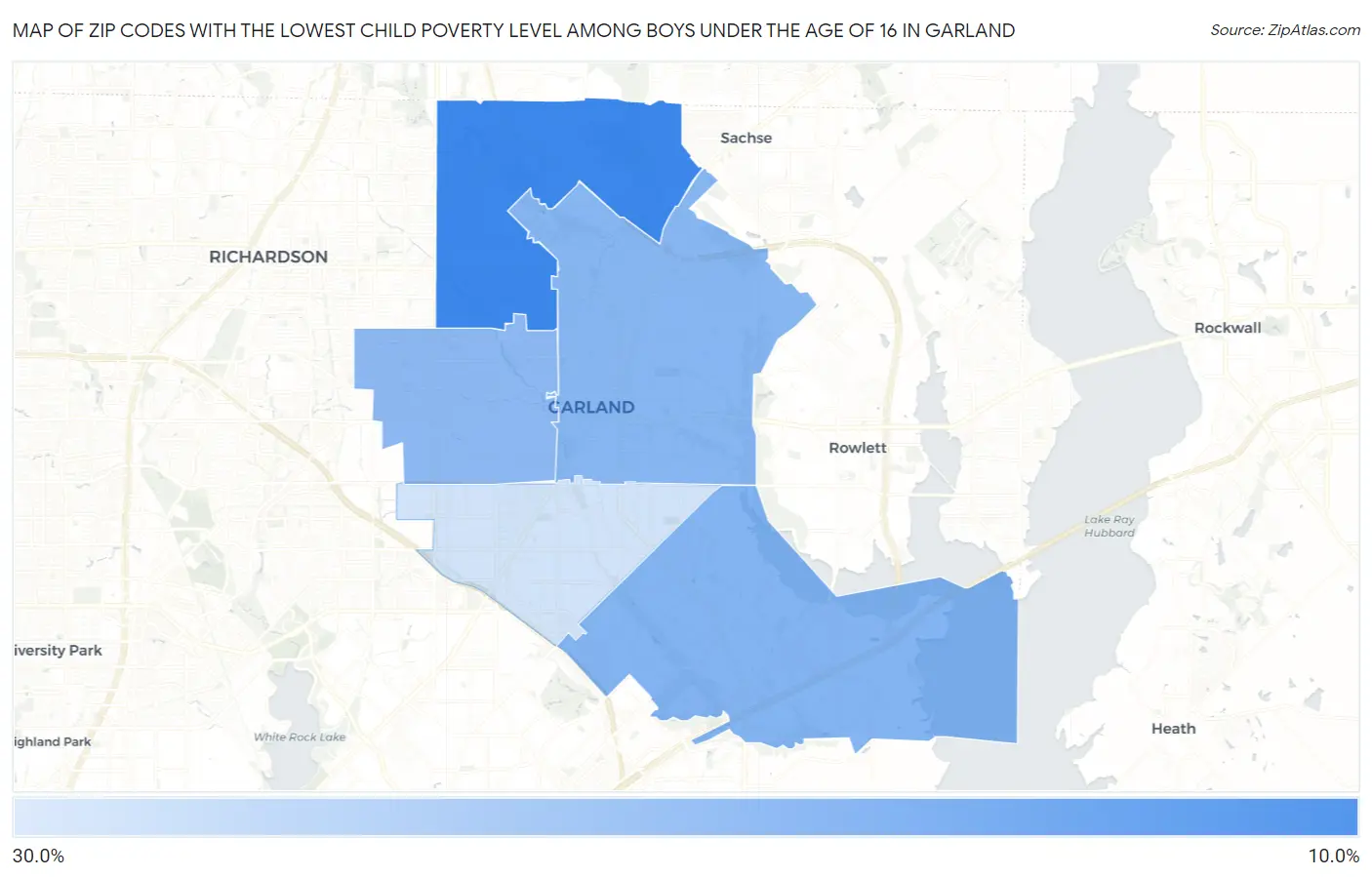 Zip Codes with the Lowest Child Poverty Level Among Boys Under the Age of 16 in Garland Map