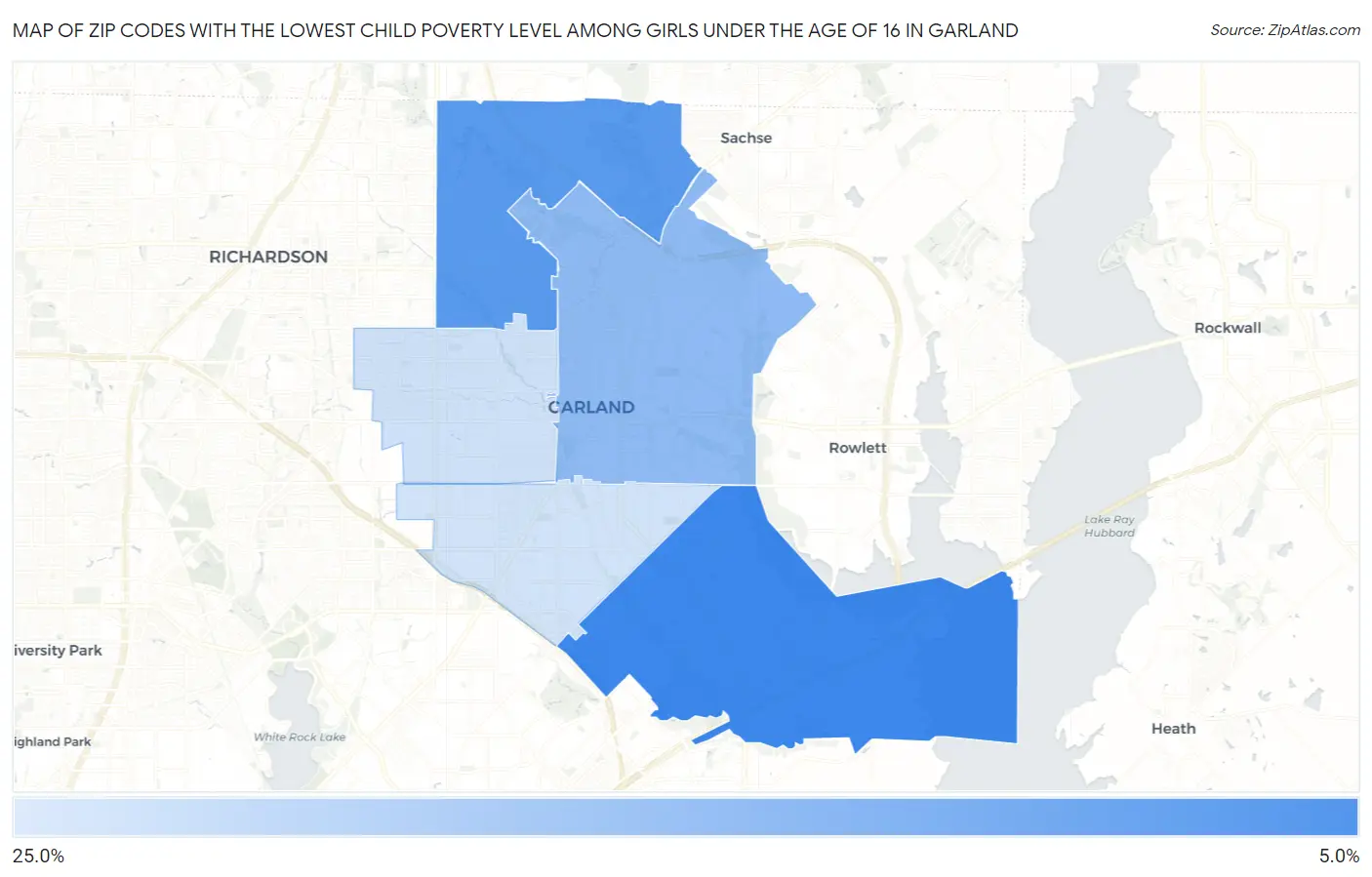 Zip Codes with the Lowest Child Poverty Level Among Girls Under the Age of 16 in Garland Map