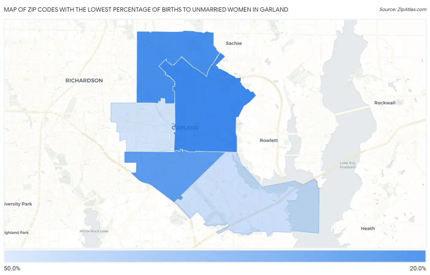 Zip Codes with the Lowest Percentage of Births to Unmarried Women in Garland Map