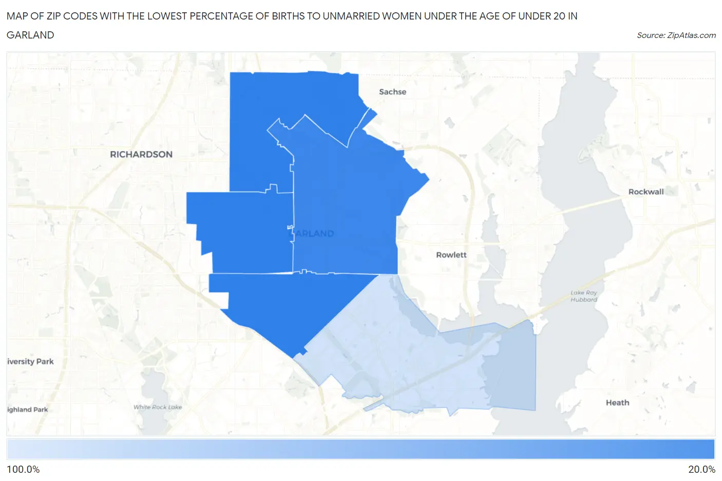 Zip Codes with the Lowest Percentage of Births to Unmarried Women under the Age of under 20 in Garland Map