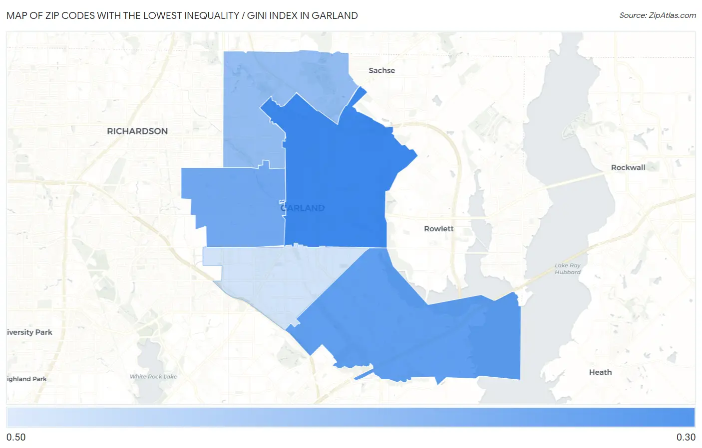 Zip Codes with the Lowest Inequality / Gini Index in Garland Map