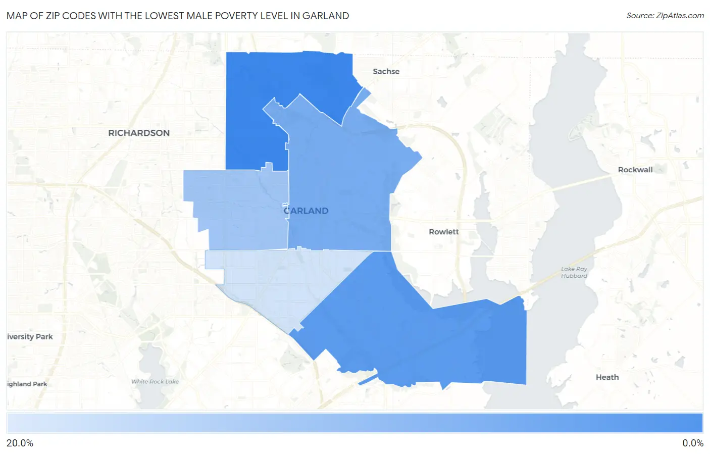 Zip Codes with the Lowest Male Poverty Level in Garland Map