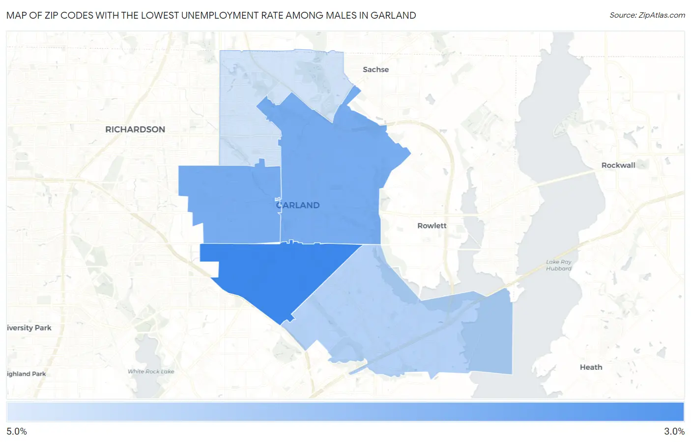 Zip Codes with the Lowest Unemployment Rate Among Males in Garland Map