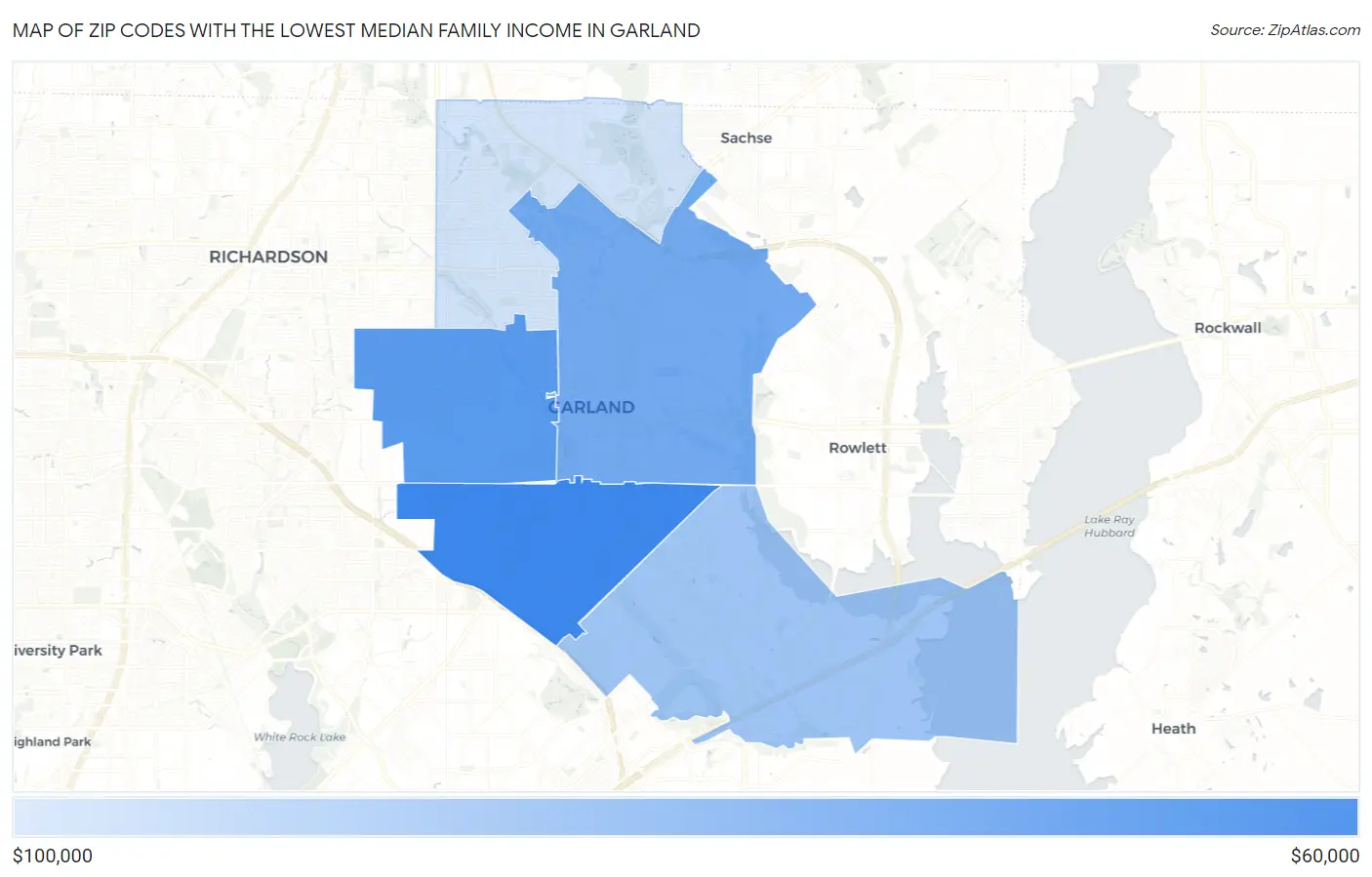 Zip Codes with the Lowest Median Family Income in Garland Map
