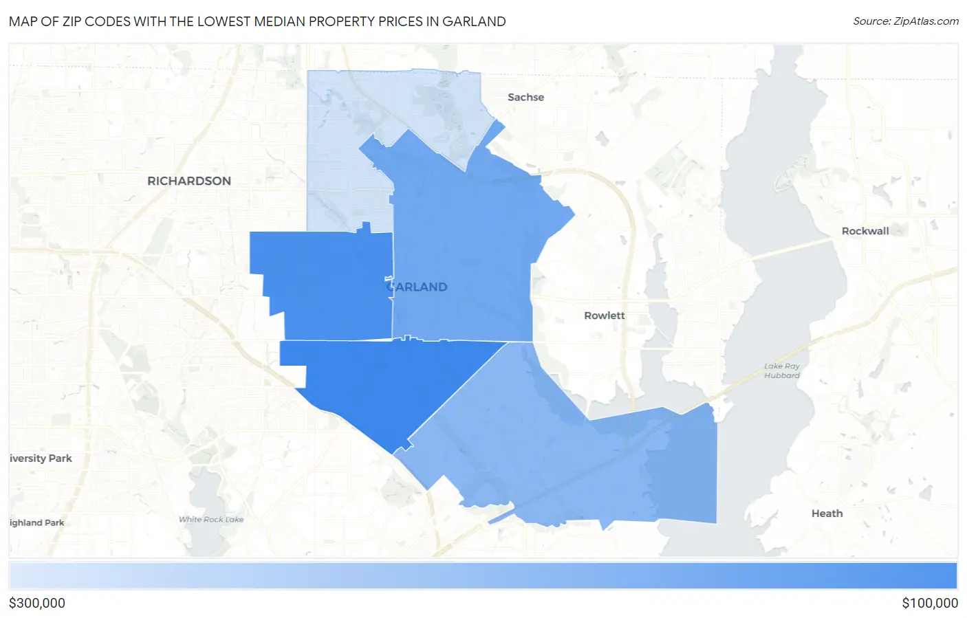 Zip Codes with the Lowest Median Property Prices in Garland Map