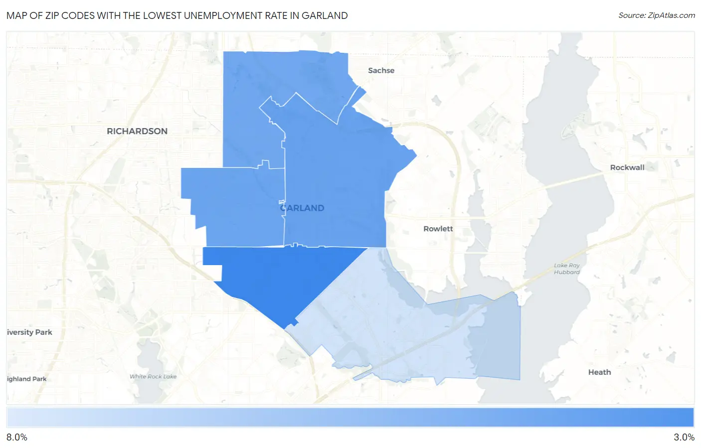 Zip Codes with the Lowest Unemployment Rate in Garland Map