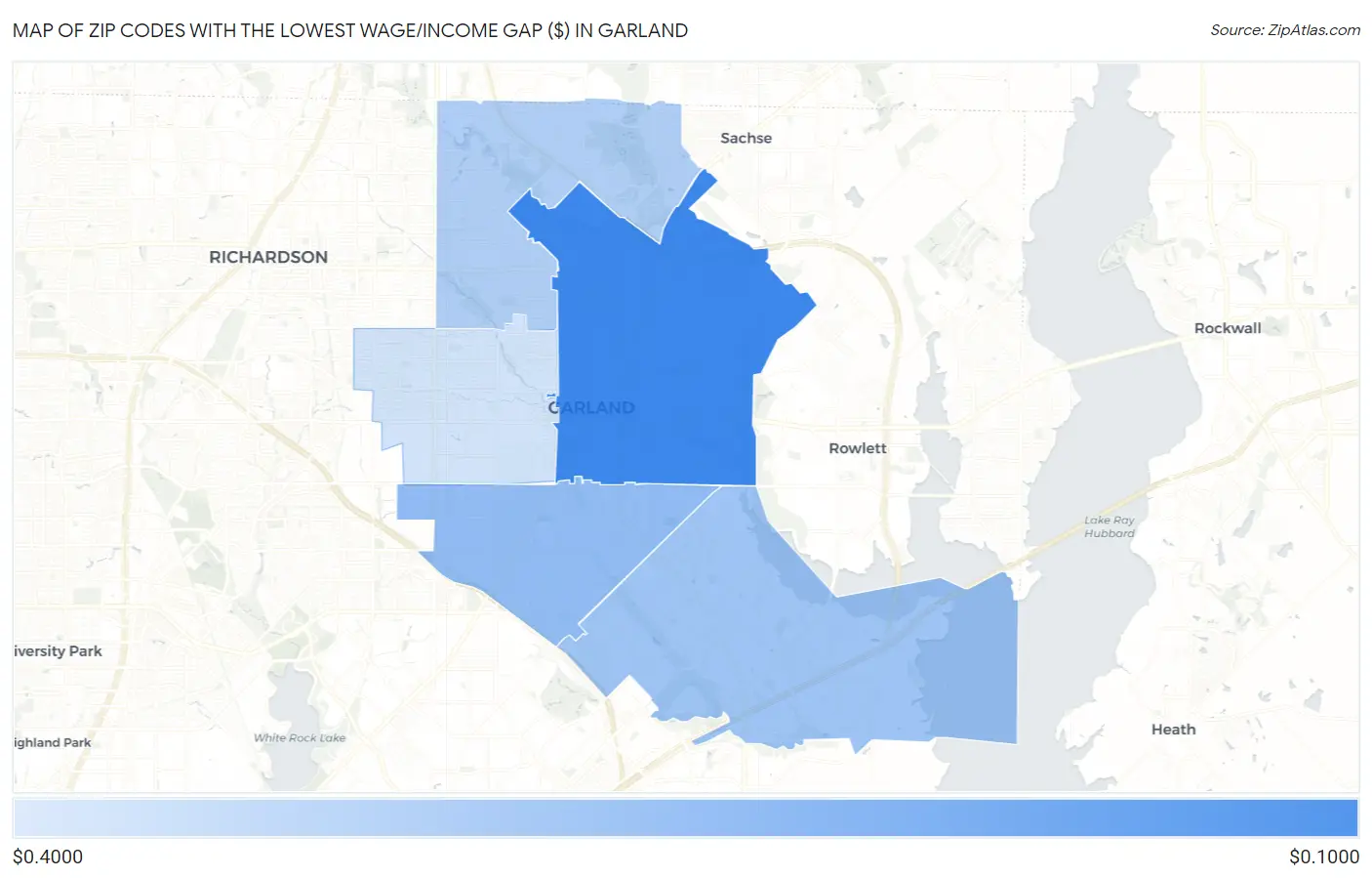Zip Codes with the Lowest Wage/Income Gap ($) in Garland Map