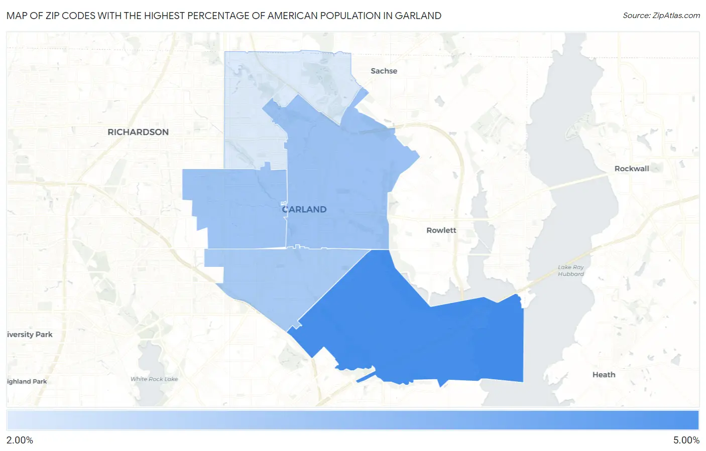 Zip Codes with the Highest Percentage of American Population in Garland Map