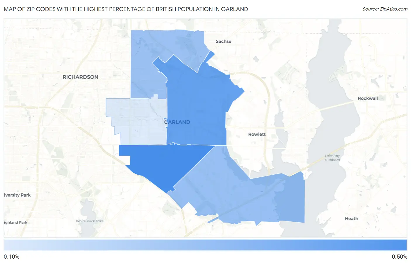 Zip Codes with the Highest Percentage of British Population in Garland Map