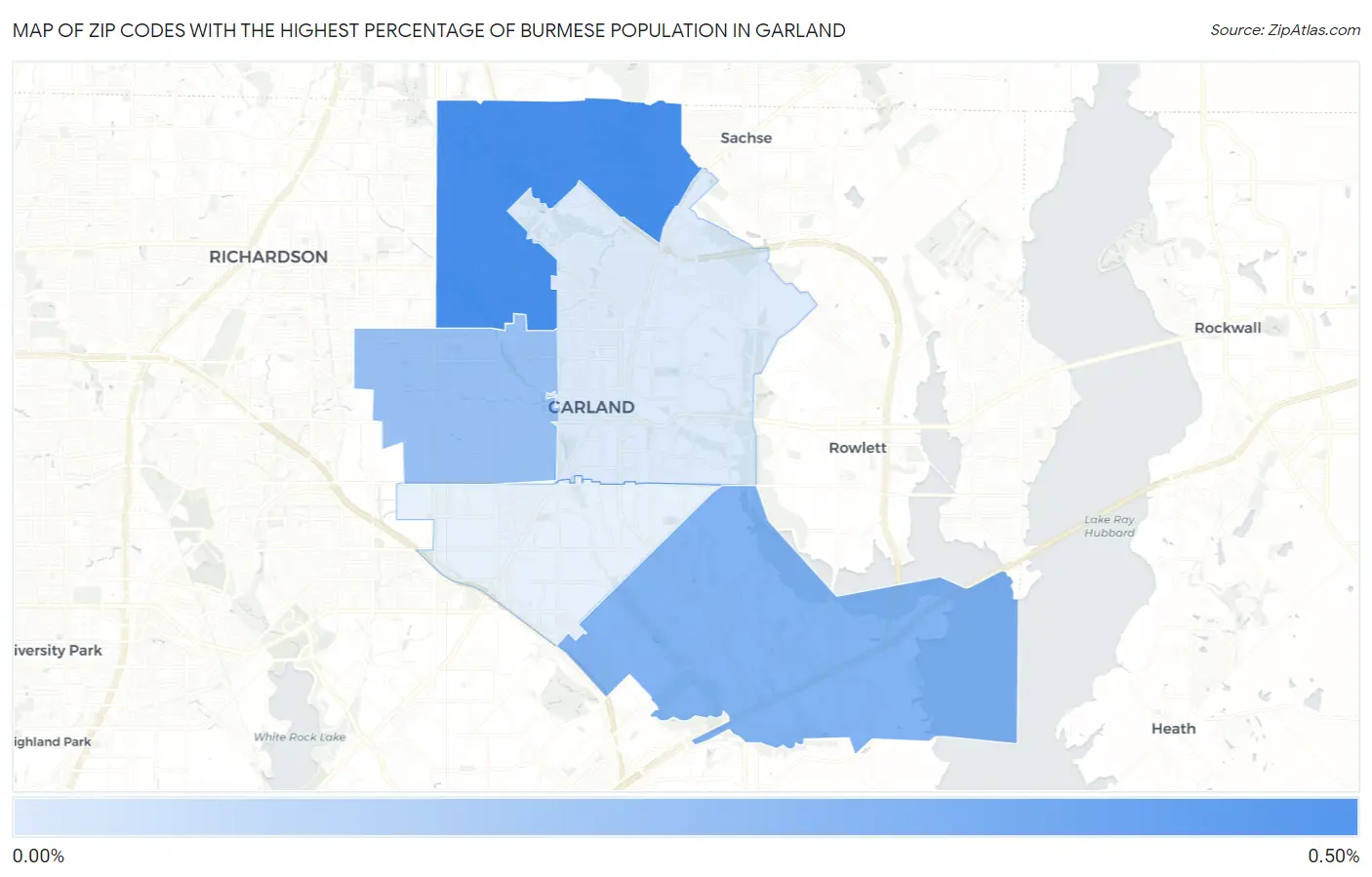 Zip Codes with the Highest Percentage of Burmese Population in Garland Map