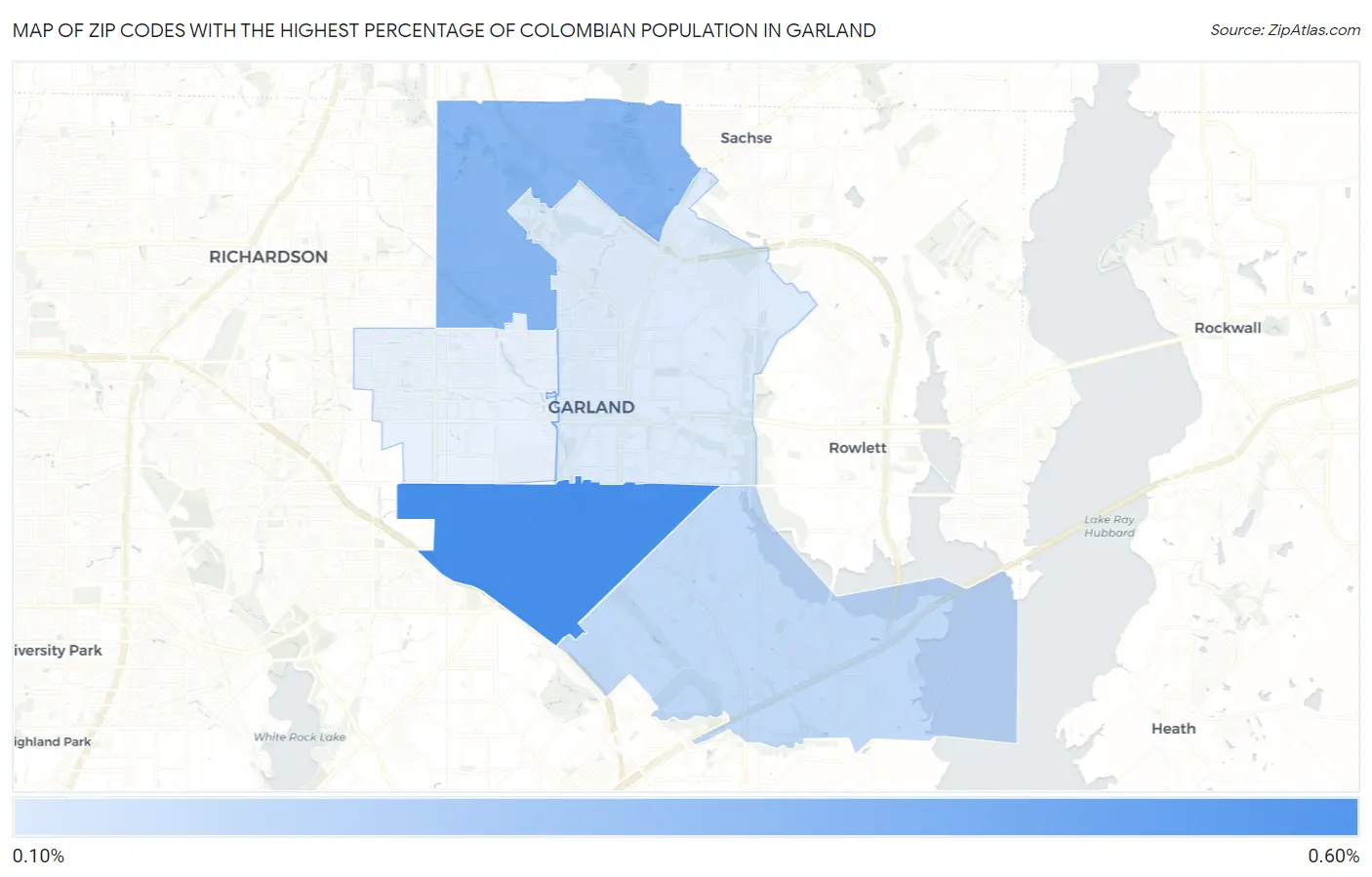 Zip Codes with the Highest Percentage of Colombian Population in Garland Map