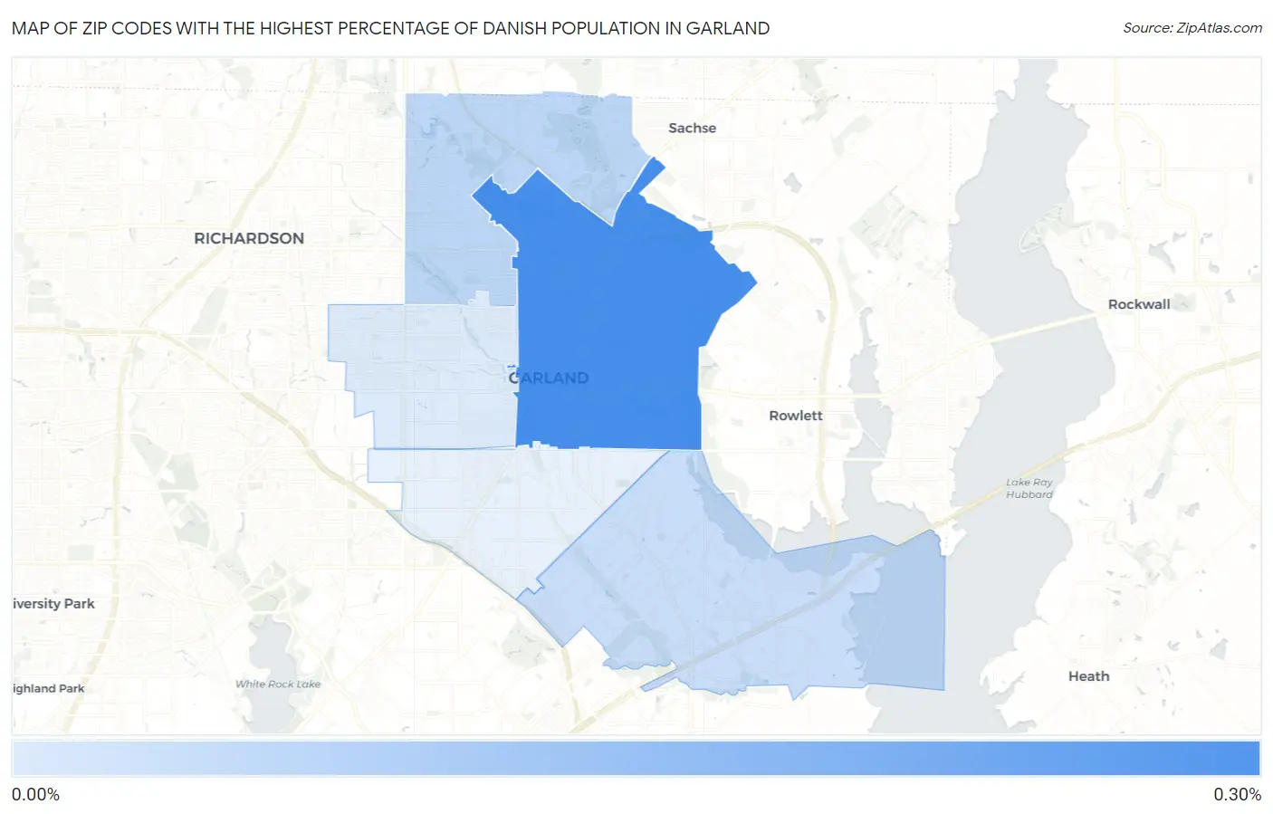 Zip Codes with the Highest Percentage of Danish Population in Garland Map