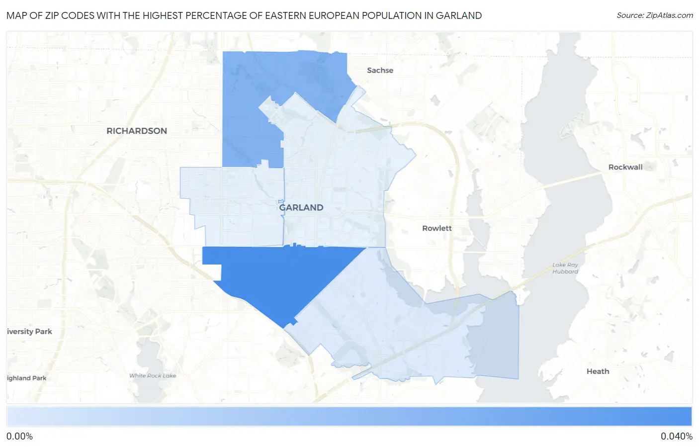 Zip Codes with the Highest Percentage of Eastern European Population in Garland Map