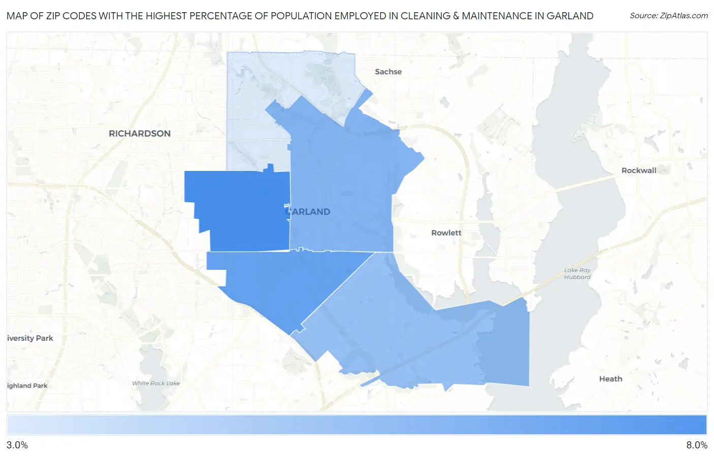 Zip Codes with the Highest Percentage of Population Employed in Cleaning & Maintenance in Garland Map