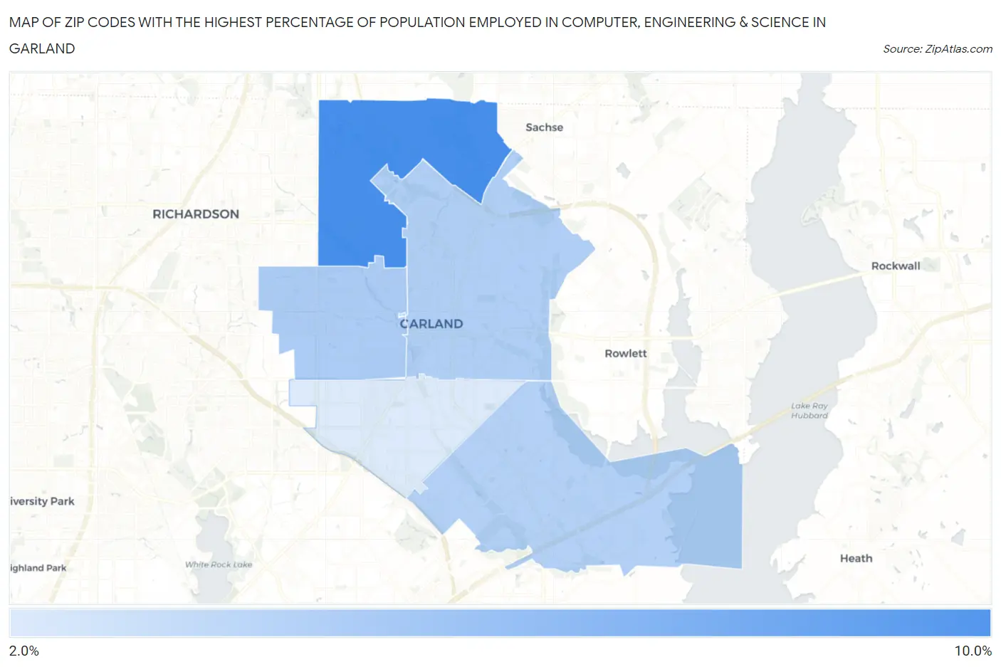 Zip Codes with the Highest Percentage of Population Employed in Computer, Engineering & Science in Garland Map