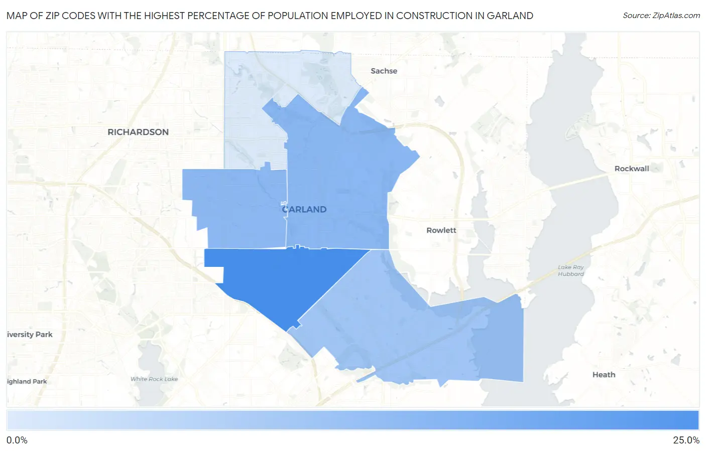 Zip Codes with the Highest Percentage of Population Employed in Construction in Garland Map