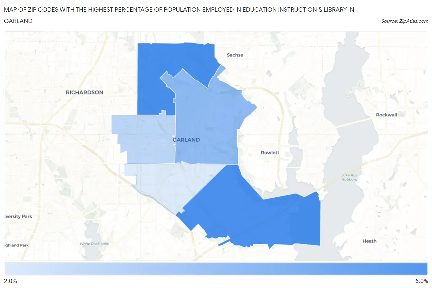 Zip Codes with the Highest Percentage of Population Employed in Education Instruction & Library in Garland Map