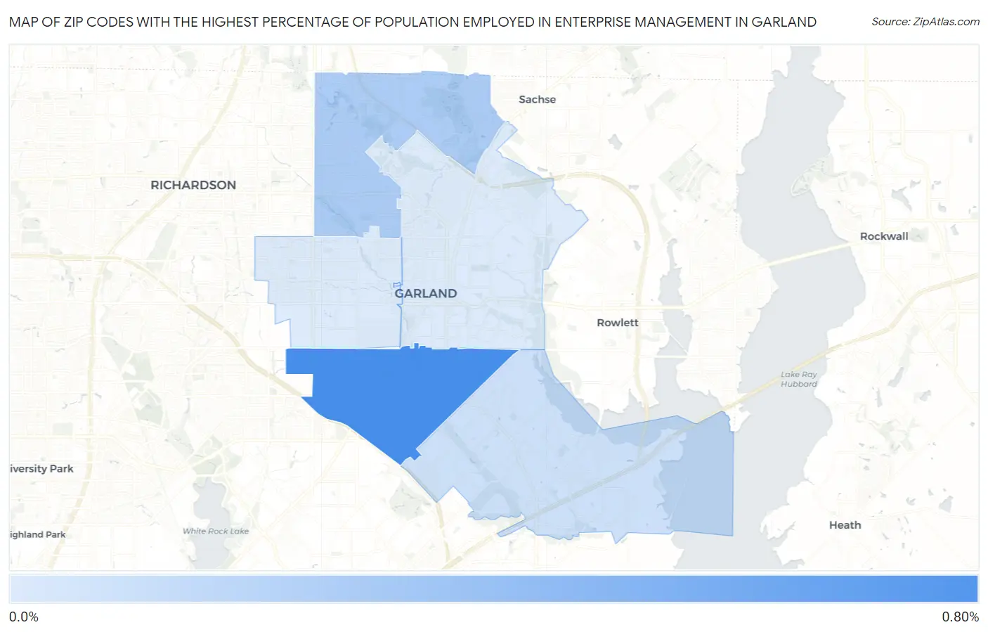 Zip Codes with the Highest Percentage of Population Employed in Enterprise Management in Garland Map