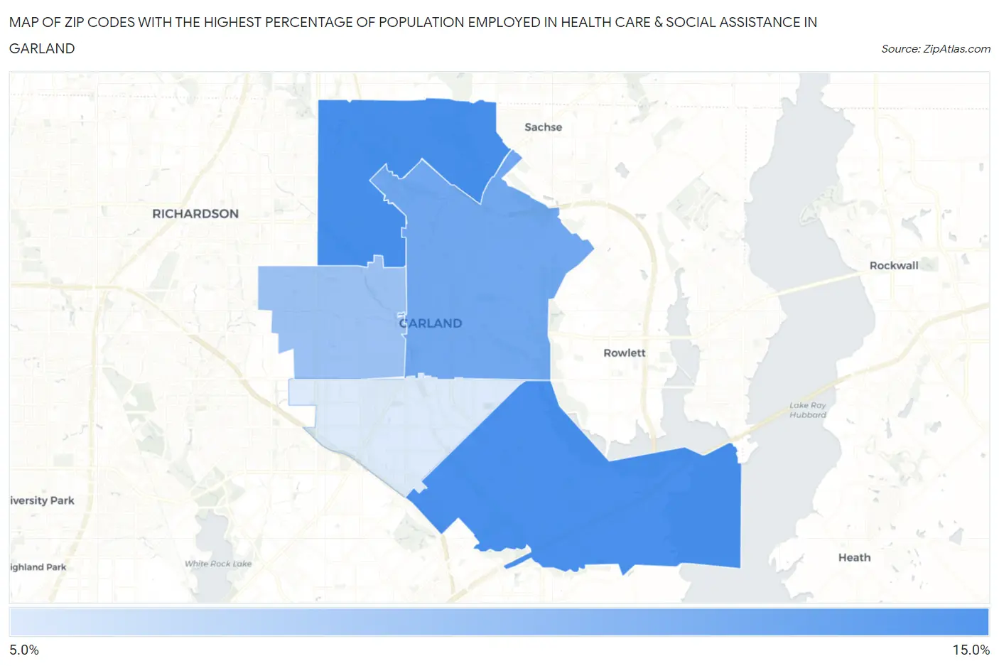 Zip Codes with the Highest Percentage of Population Employed in Health Care & Social Assistance in Garland Map