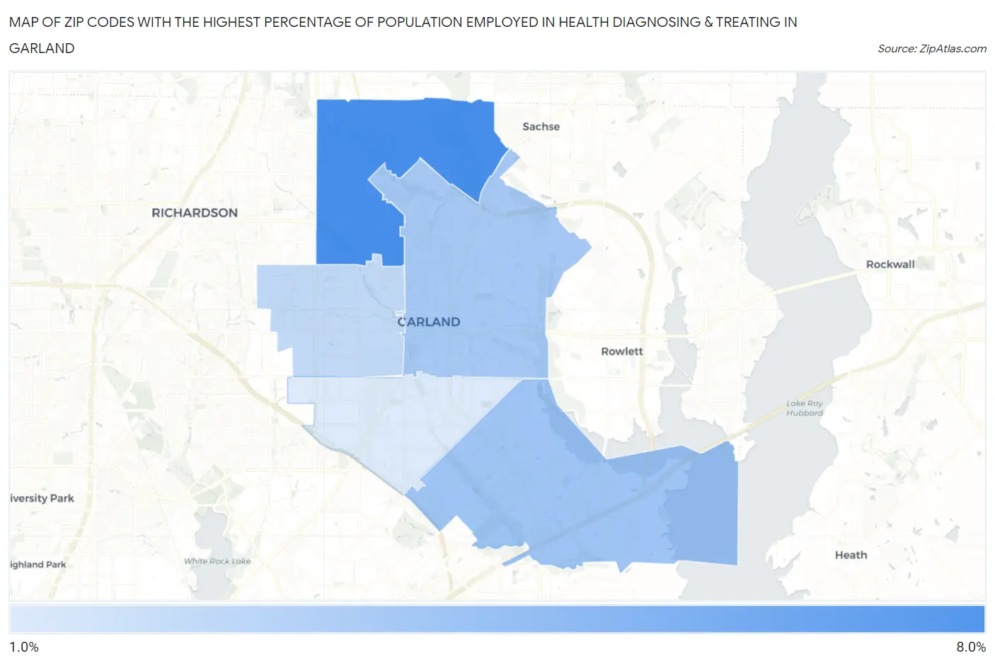 Zip Codes with the Highest Percentage of Population Employed in Health Diagnosing & Treating in Garland Map