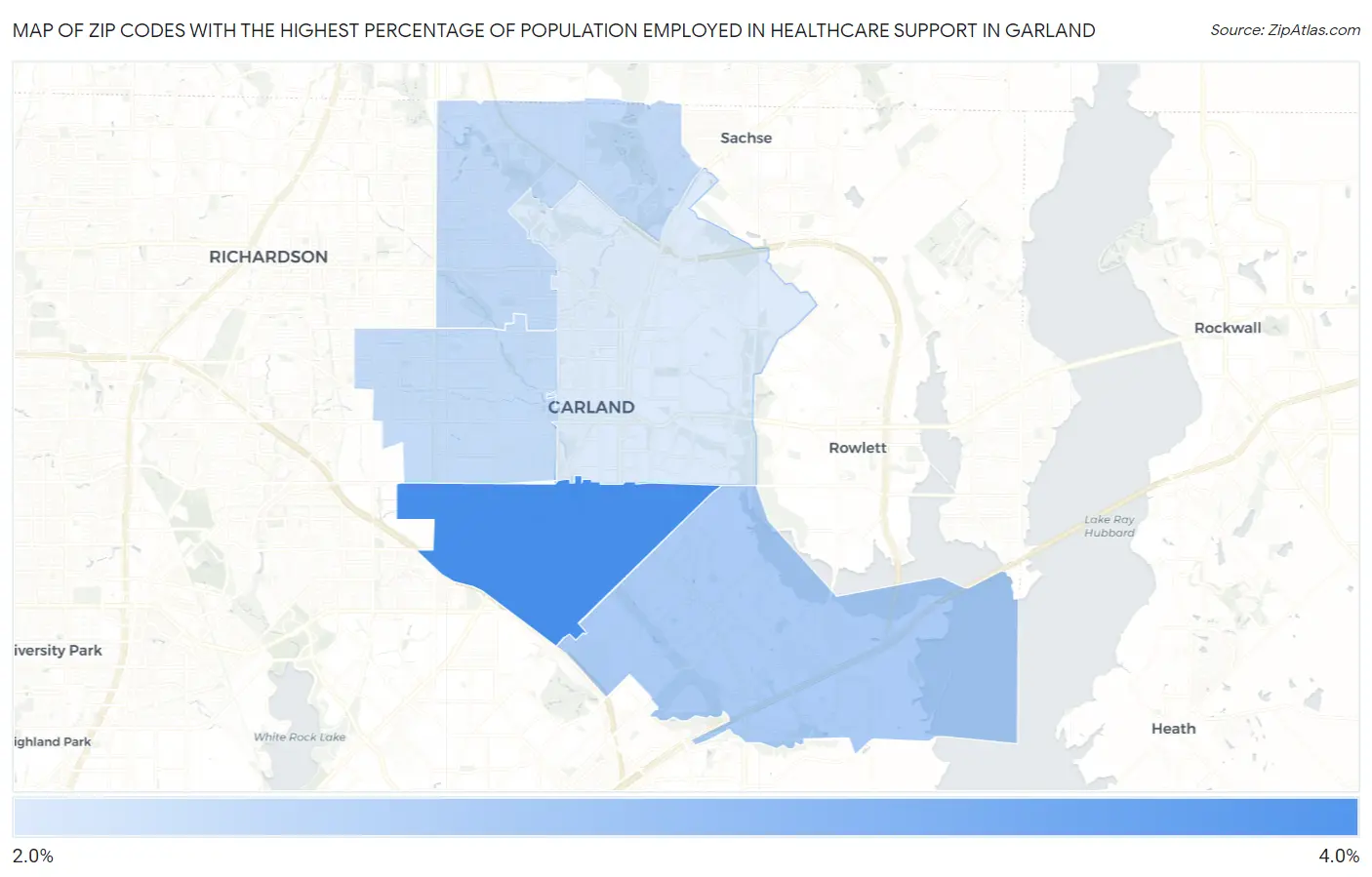 Zip Codes with the Highest Percentage of Population Employed in Healthcare Support in Garland Map