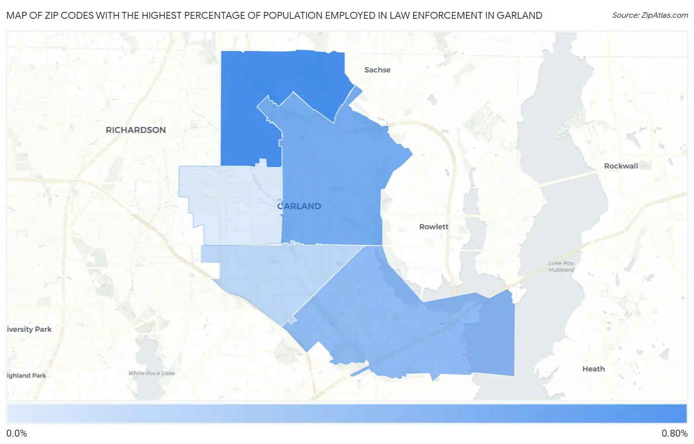 Zip Codes with the Highest Percentage of Population Employed in Law Enforcement in Garland Map
