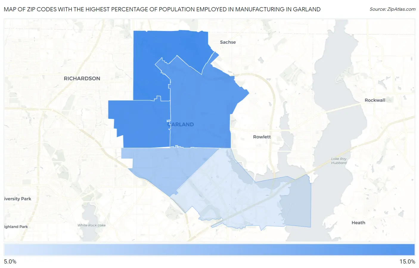 Zip Codes with the Highest Percentage of Population Employed in Manufacturing in Garland Map