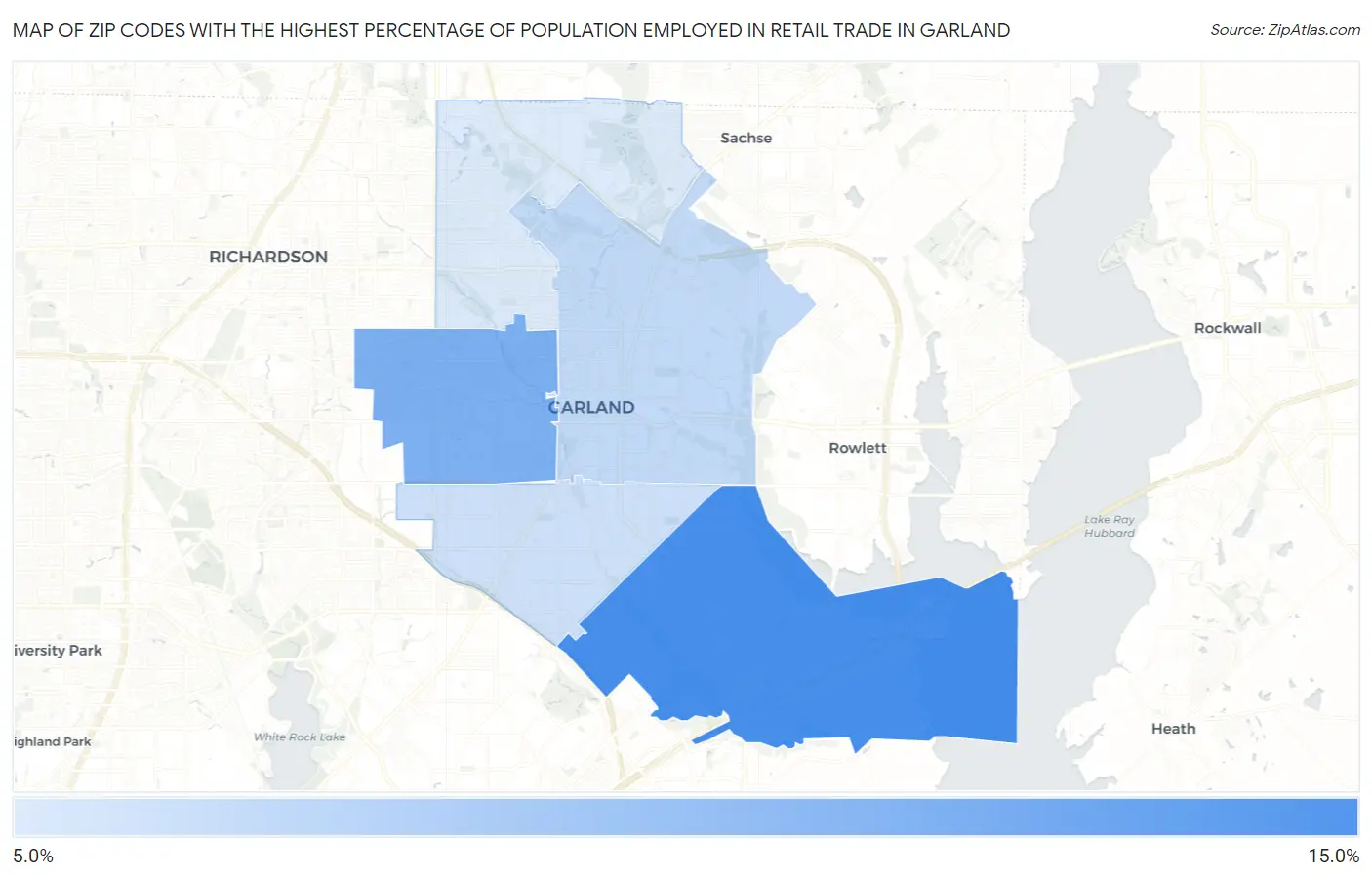 Zip Codes with the Highest Percentage of Population Employed in Retail Trade in Garland Map