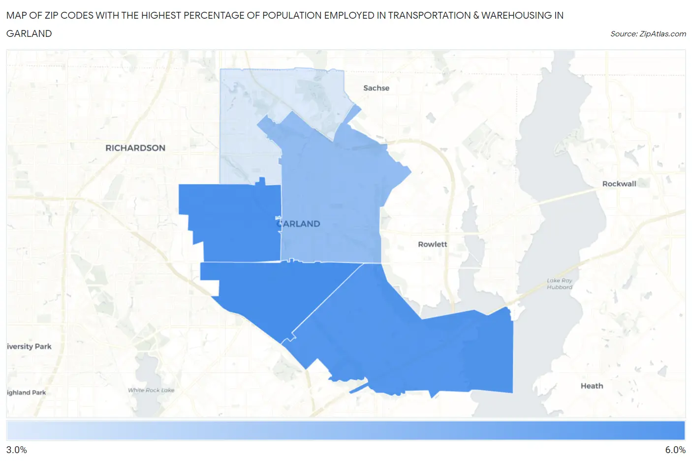 Zip Codes with the Highest Percentage of Population Employed in Transportation & Warehousing in Garland Map