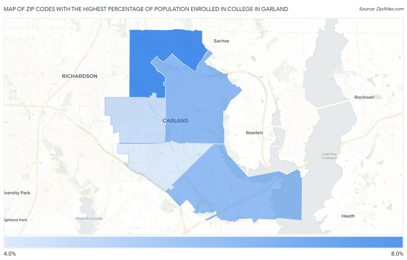 Zip Codes with the Highest Percentage of Population Enrolled in College in Garland Map