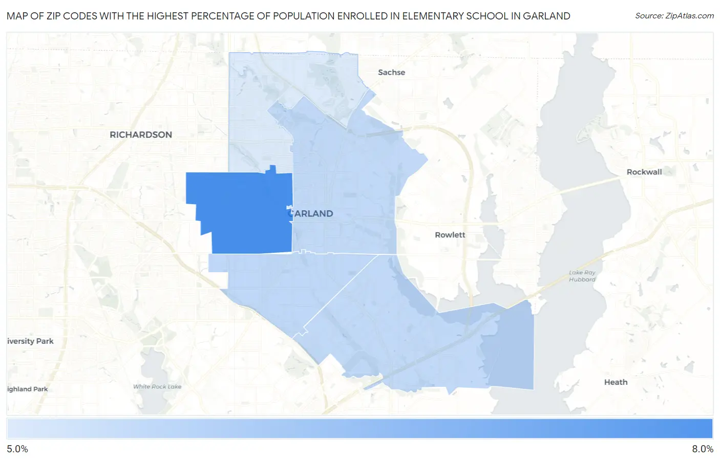 Zip Codes with the Highest Percentage of Population Enrolled in Elementary School in Garland Map