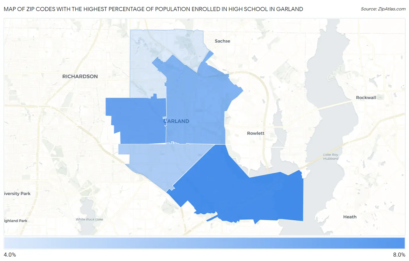 Zip Codes with the Highest Percentage of Population Enrolled in High School in Garland Map