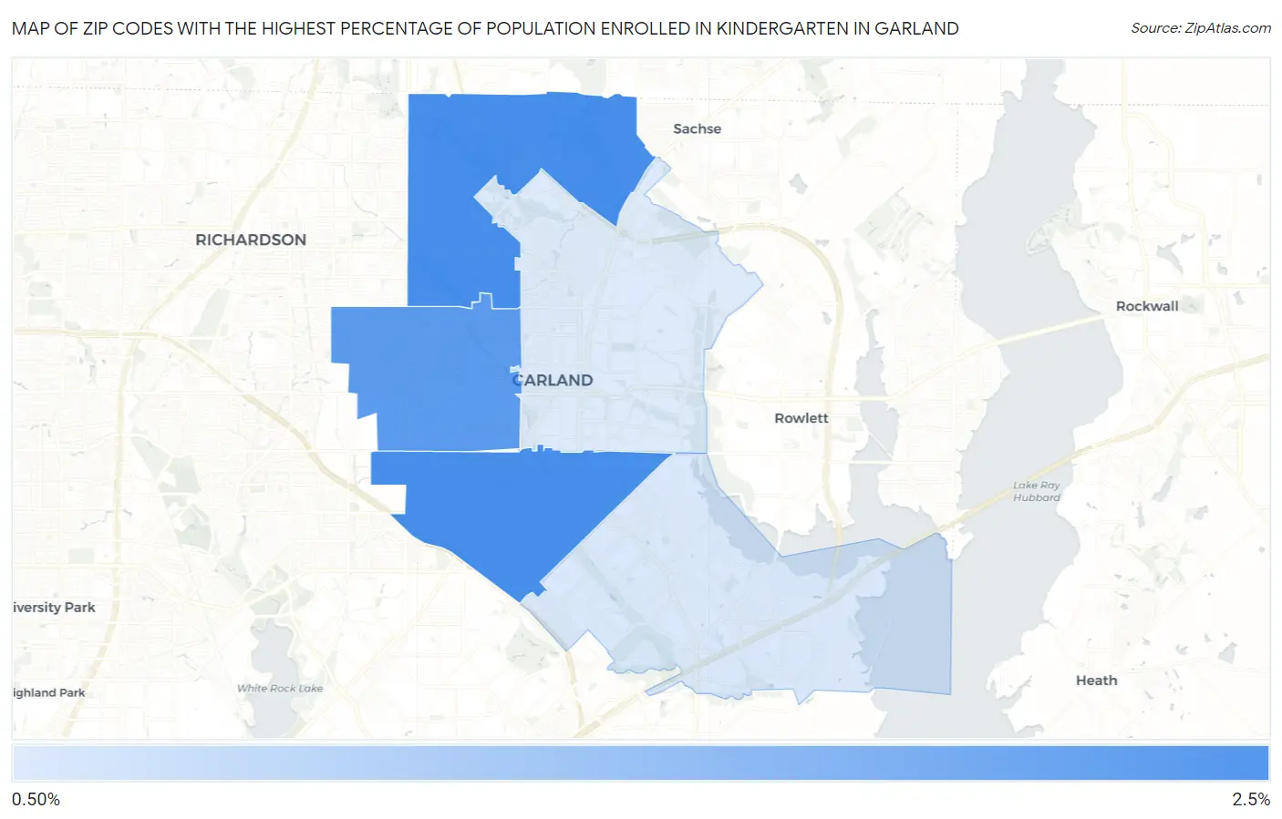 Zip Codes with the Highest Percentage of Population Enrolled in Kindergarten in Garland Map