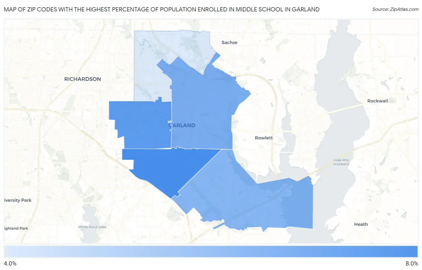 Zip Codes with the Highest Percentage of Population Enrolled in Middle School in Garland Map