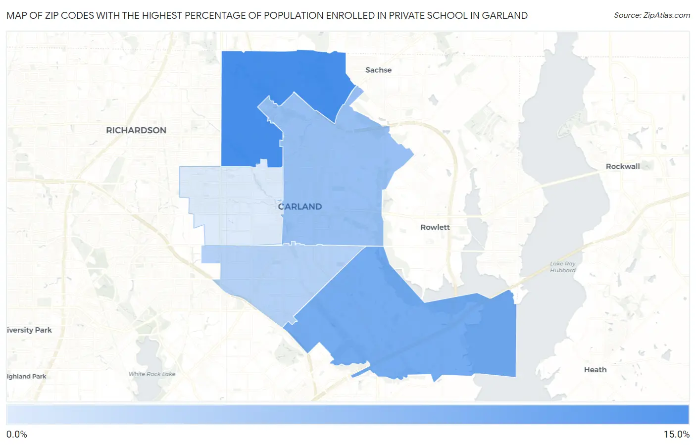 Zip Codes with the Highest Percentage of Population Enrolled in Private School in Garland Map