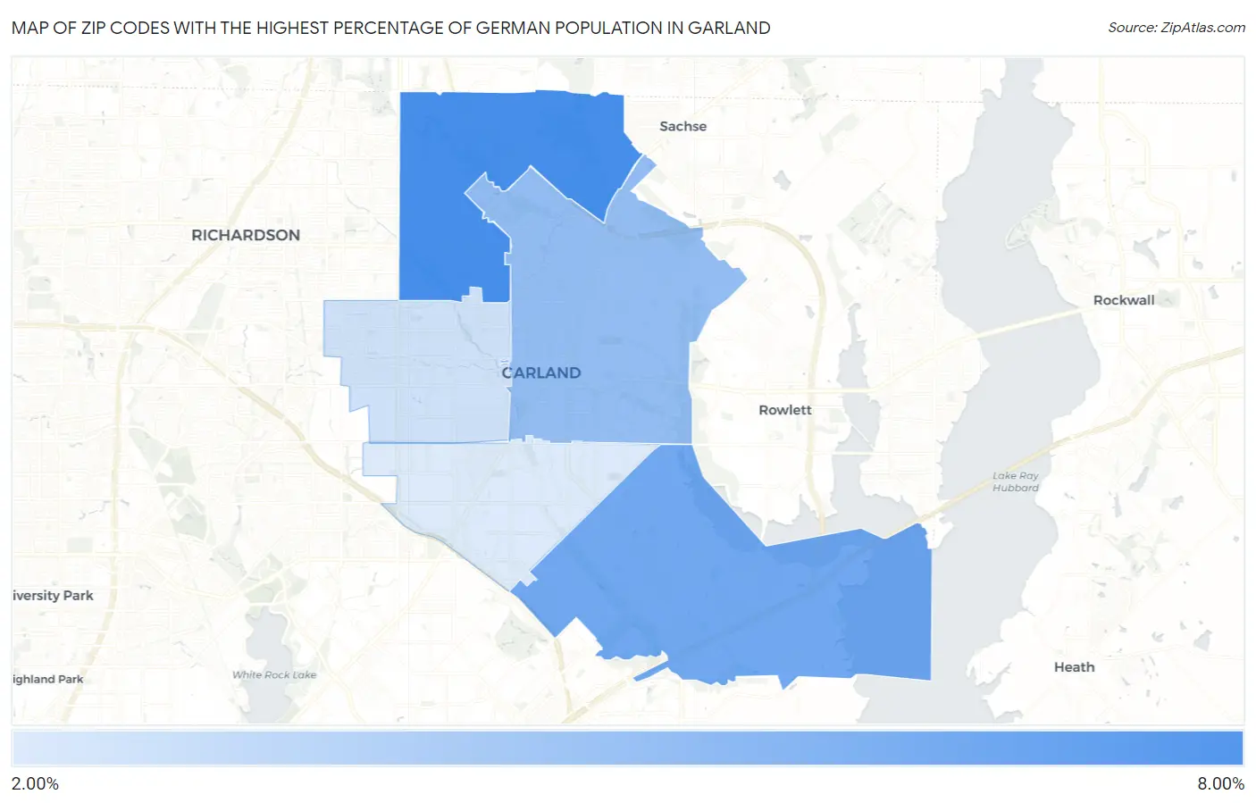 Zip Codes with the Highest Percentage of German Population in Garland Map