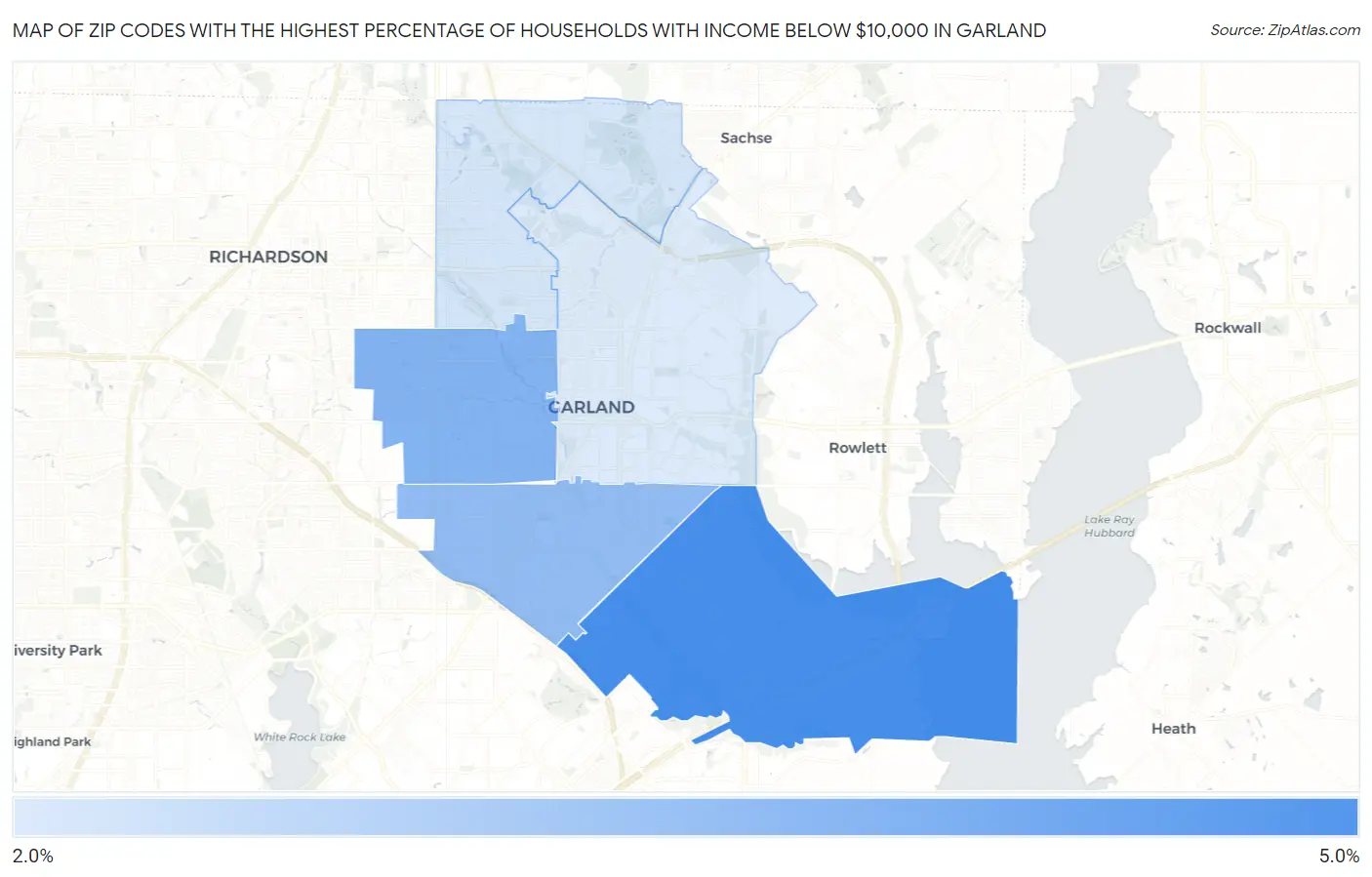 Zip Codes with the Highest Percentage of Households with Income Below $10,000 in Garland Map