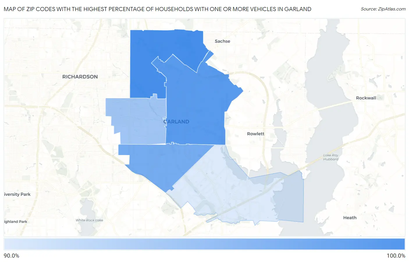Zip Codes with the Highest Percentage of Households With One or more Vehicles in Garland Map