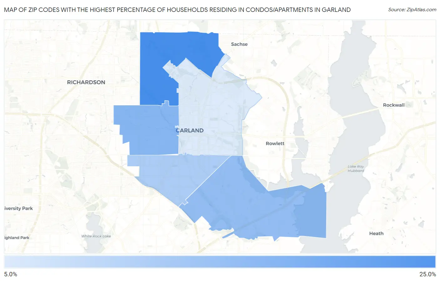 Zip Codes with the Highest Percentage of Households Residing in Condos/Apartments in Garland Map