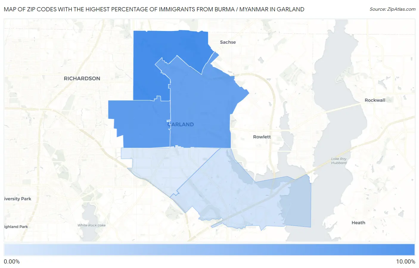 Zip Codes with the Highest Percentage of Immigrants from Burma / Myanmar in Garland Map
